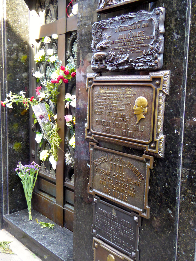 Fresh flowers mark one of the famous tombs in the Recoleta Cemetery, that of Eva Peron.