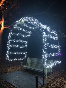 Christmas lights on a bench at Kew Gardens