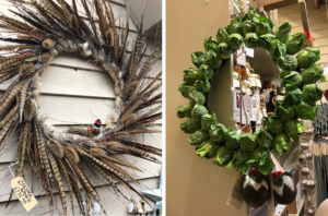 Feather and brussel sprouts Christmas wreaths