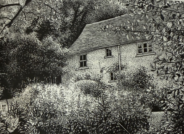 Black and white illustratin of a house surrounded by garden and trees. By Simon Dorrell.